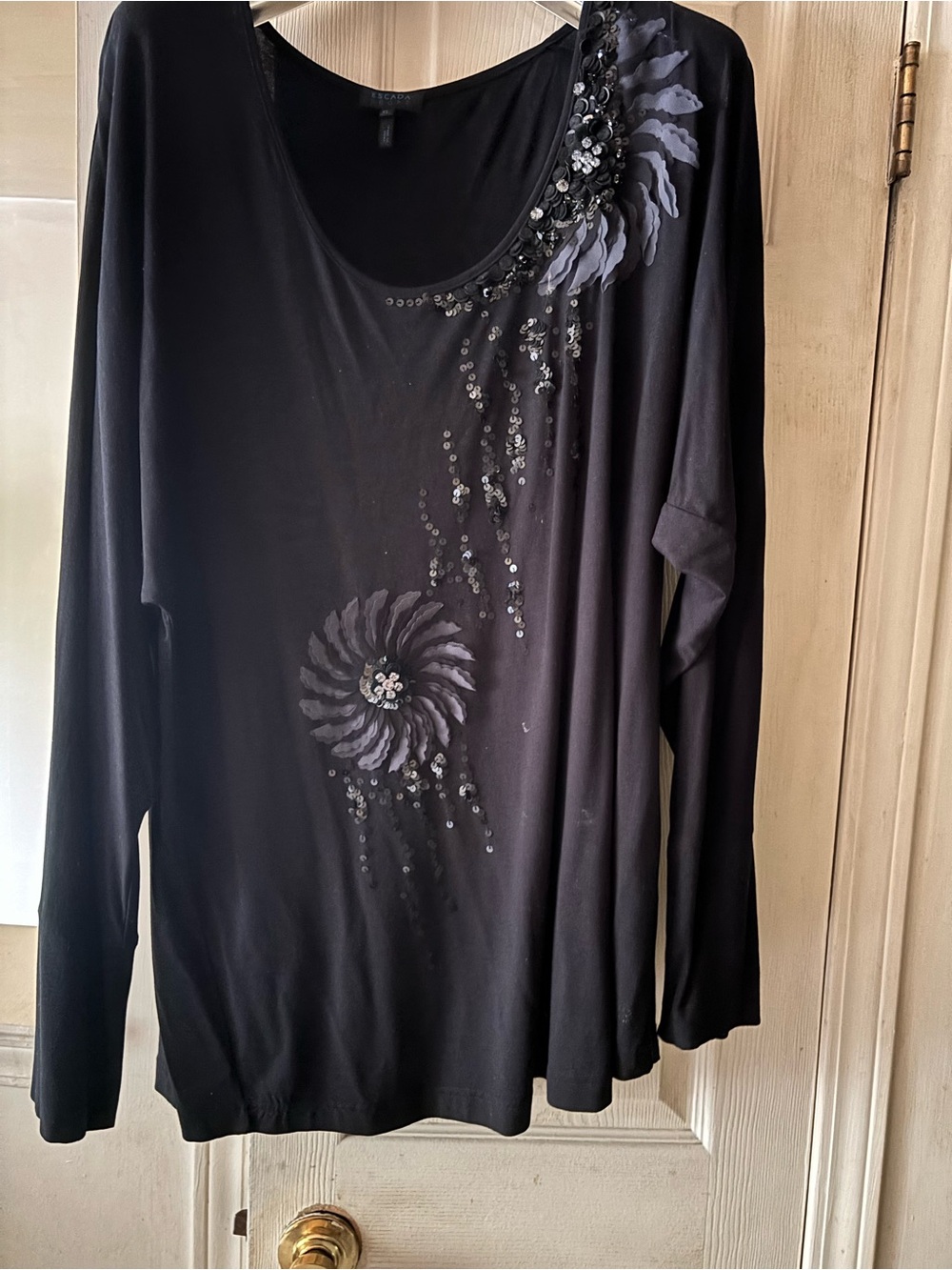 Escada Black Long Sleeve Tee with Floral Sequin Accents